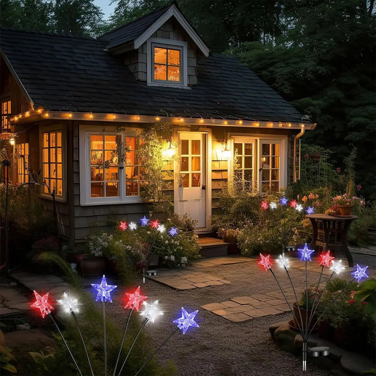 1/2pcs Solar Red White And Blue Star Stake Lights 4th Of July Outdoor Decorative Light Waterproof Swing Atmosphere Lamp