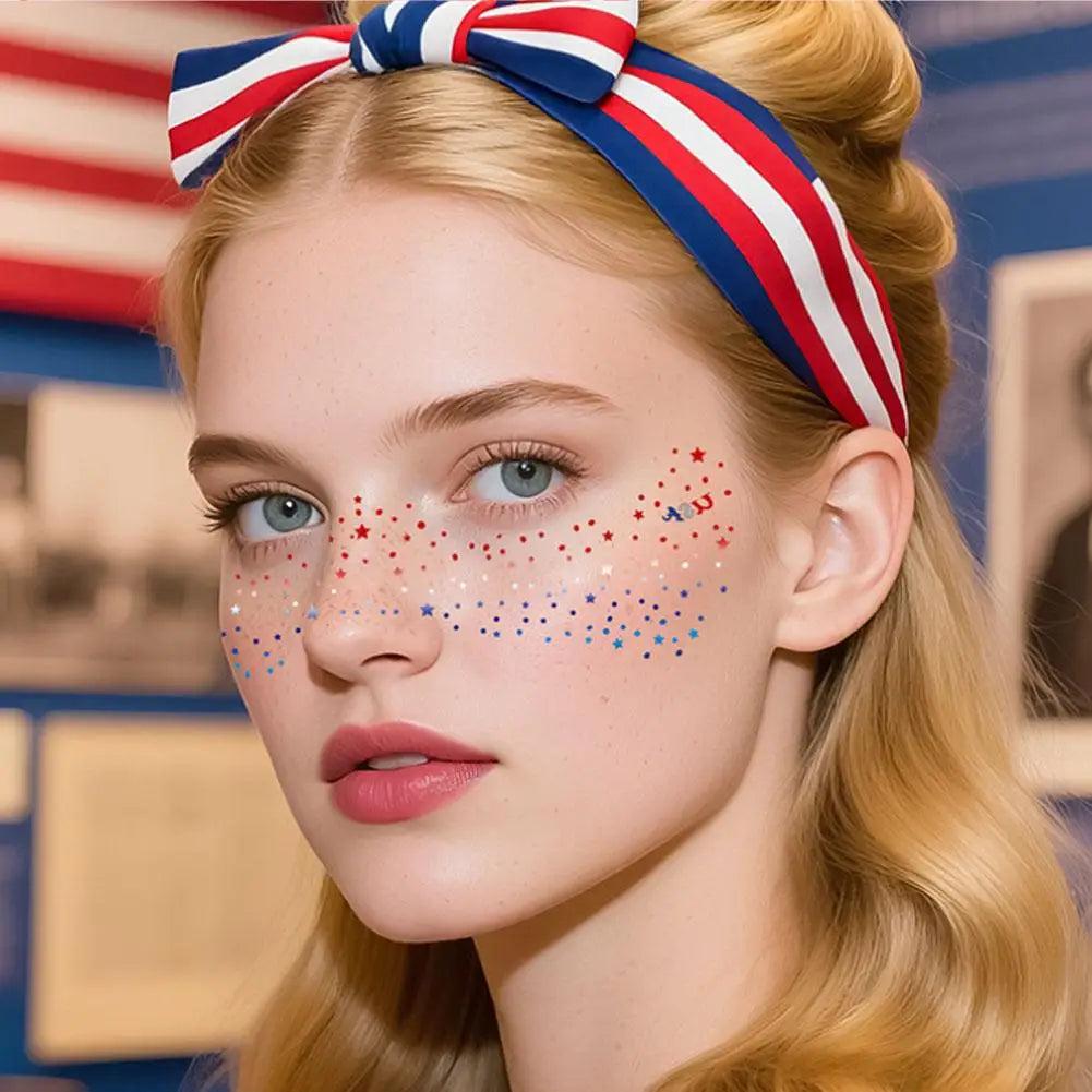 Fourth of July Face Tattoos, 2Pcs Glitter Freckles Face Tattoos Makeup for Independence Day Patriotic Party Supplies Fake Tattoo