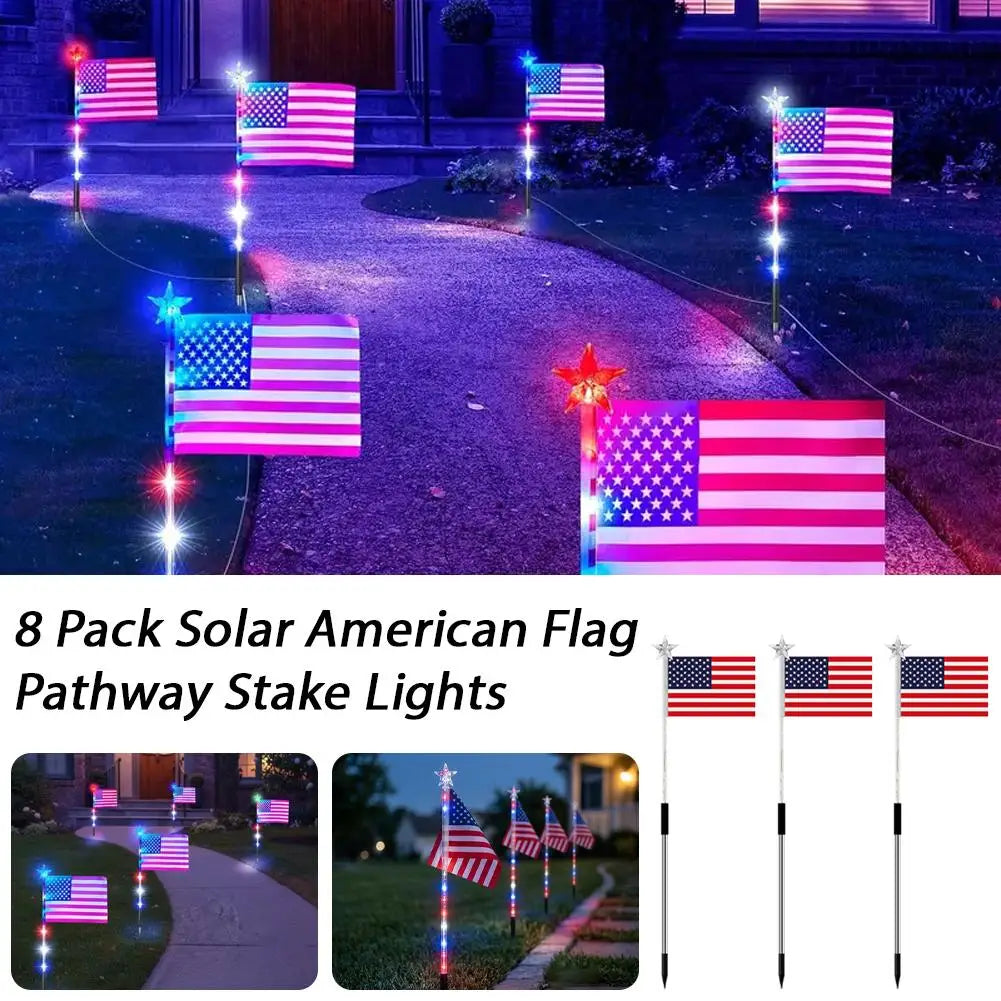 6/8 Connected in 1 Solar American Flag Pathway Stake Lights LED Outdoor Yard Garden Decorations
