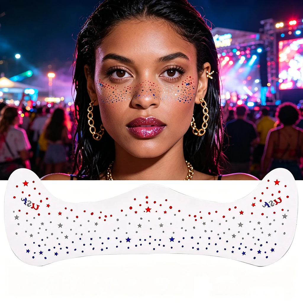 Fourth of July Face Tattoos, 2Pcs Glitter Freckles Face Tattoos Makeup for Independence Day Patriotic Party Supplies Fake Tattoo