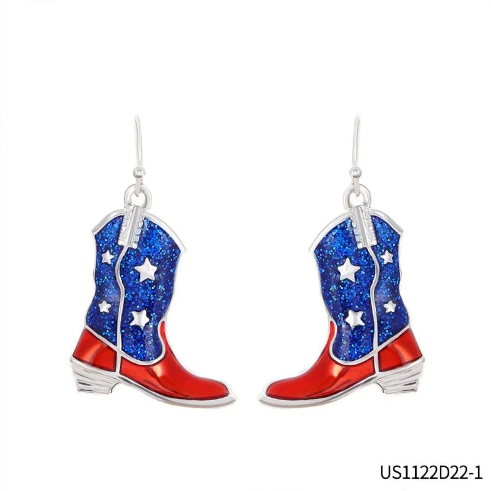 PESENAR  American Flag Cowboy Boot Earrings, Red Blue Glitter Enamel Drop Earrings, Patriotic Independence Day Jewelry