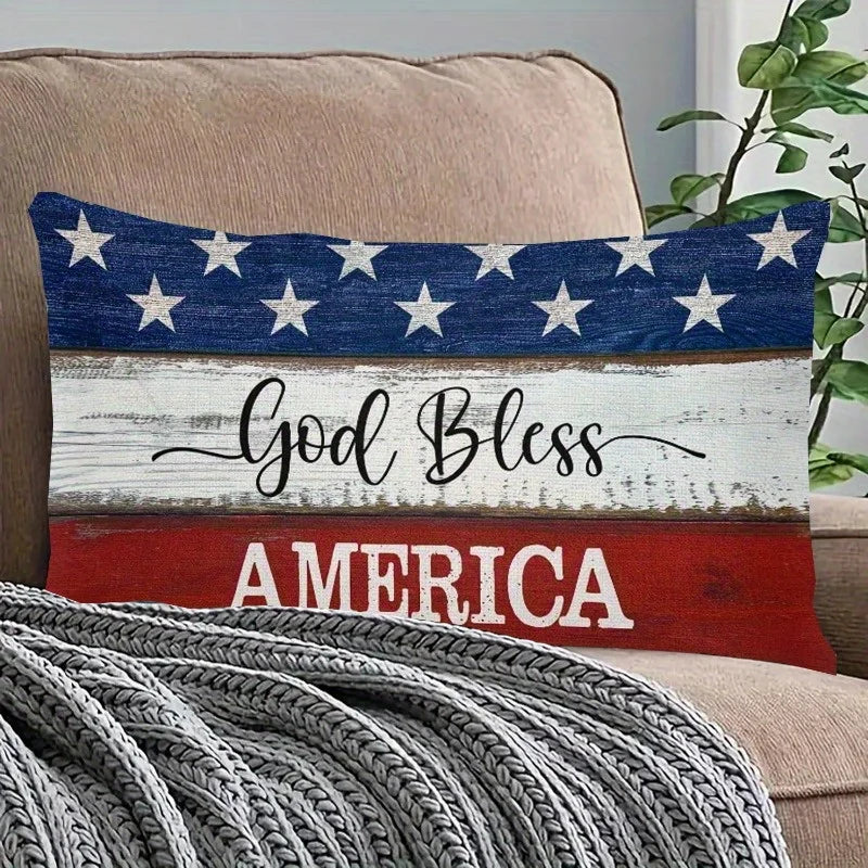 1pc God Bless America US Flag Wood Grain Printed Lumbar Pillow Cover, Suitable for Sofa, Bedroom, Living Room, Patriotic Decor