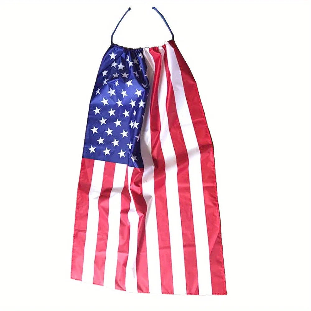 The American flag cape is suitable for both children and adults featuring patriotic clothing accessories on July 4th