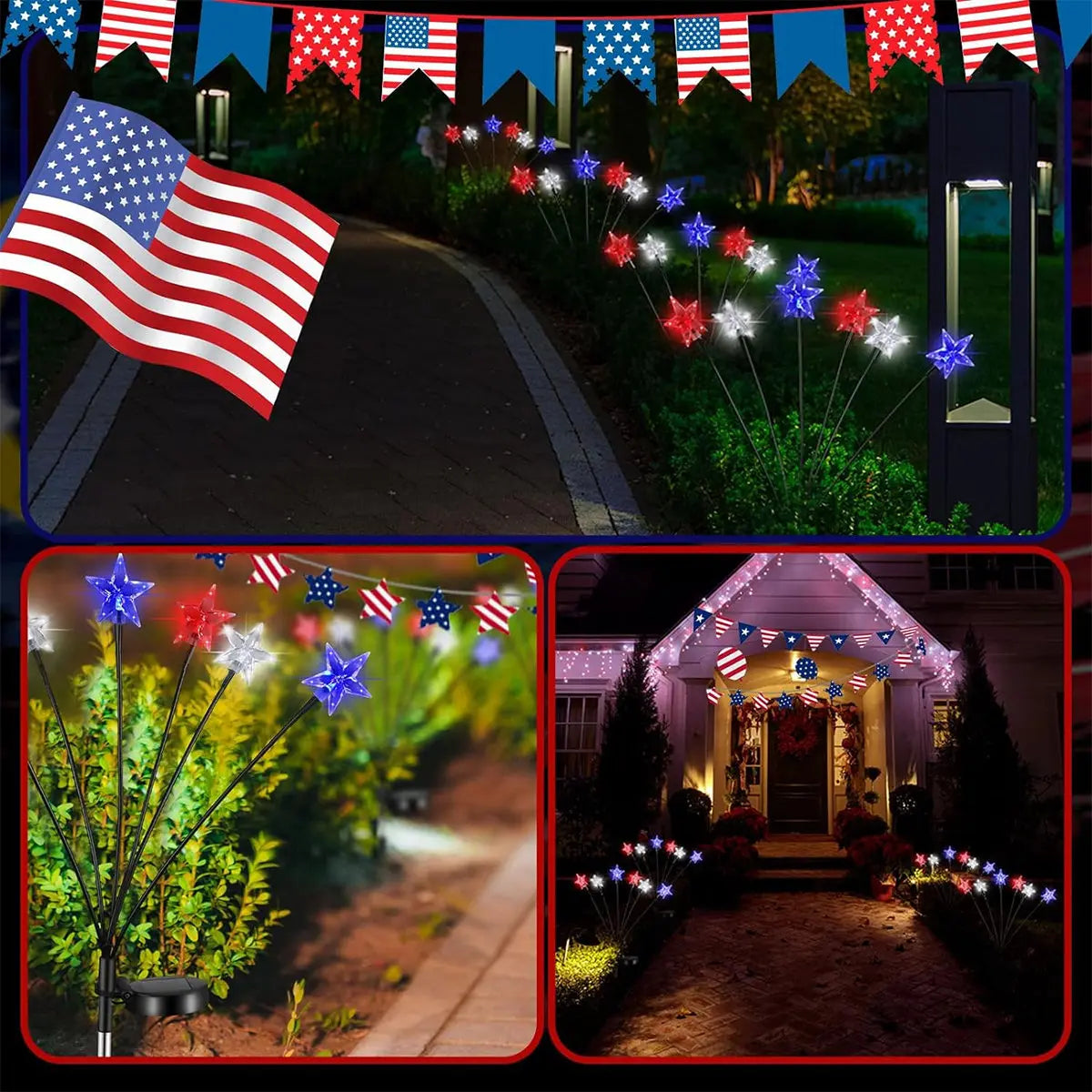 1/2pcs Solar Red White And Blue Star Stake Lights 4th Of July Outdoor Decorative Light Waterproof Swing Atmosphere Lamp