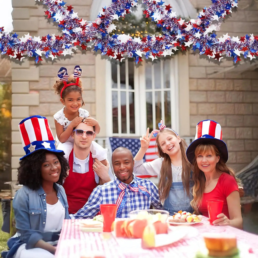 4th of July Garland Decorations Glitter Tinsel Patriotic Decor for Tree Car Golf Cart Parade Float Bike Party Table Yard Boat