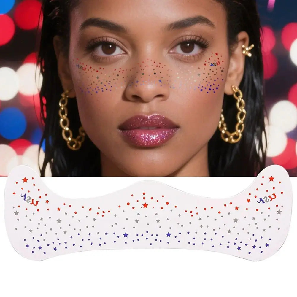Fourth of July Face Tattoos, 2Pcs Glitter Freckles Face Tattoos Makeup for Independence Day Patriotic Party Supplies Fake Tattoo