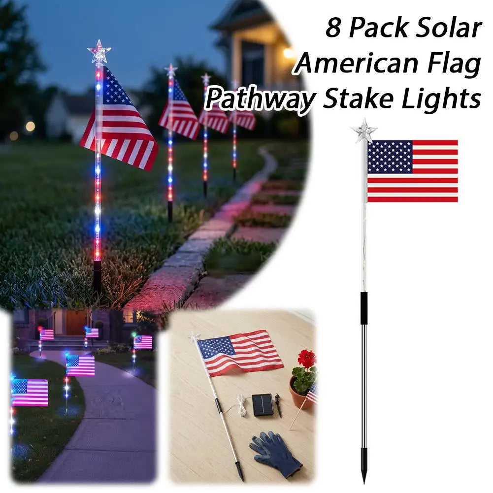 6/8 Connected in 1 Solar American Flag Pathway Stake Lights LED Outdoor Yard Garden Decorations