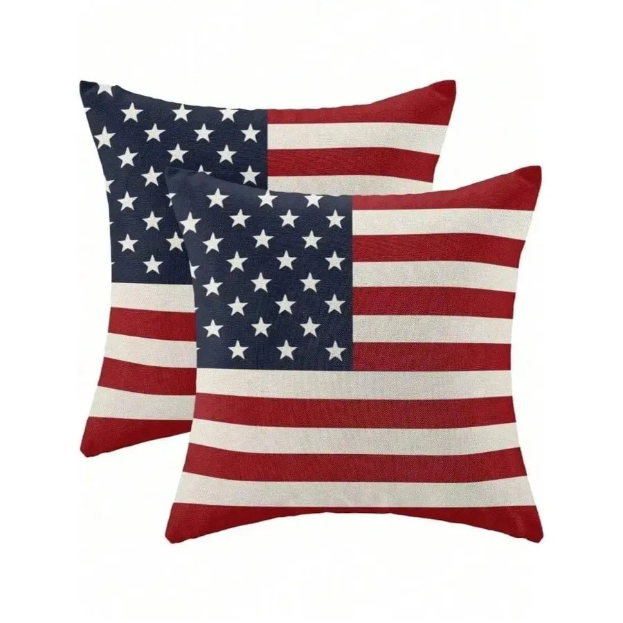 2D Flat 2pcs 4th of July Patriotic Pillow Covers, Flag Stripes Blue Bows, Zipper Washable for Sofa Bedroom Home Decor