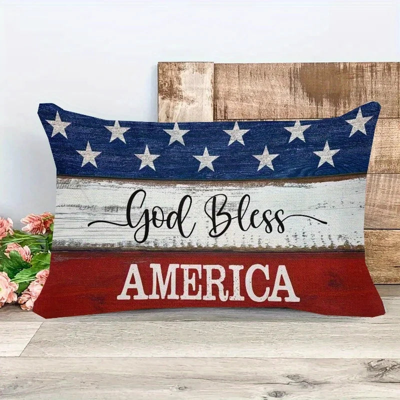 1pc God Bless America US Flag Wood Grain Printed Lumbar Pillow Cover, Suitable for Sofa, Bedroom, Living Room, Patriotic Decor