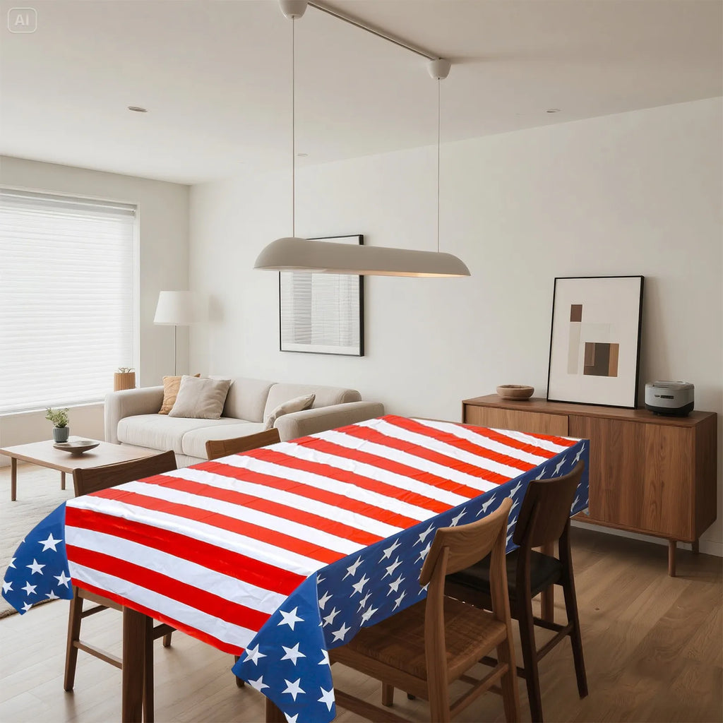 1Pc USA Flag Tablecloth Disposable Stars Patriotic Plaid Table Cover Waterproof Fabric or July 4th Independence Day Table Decor