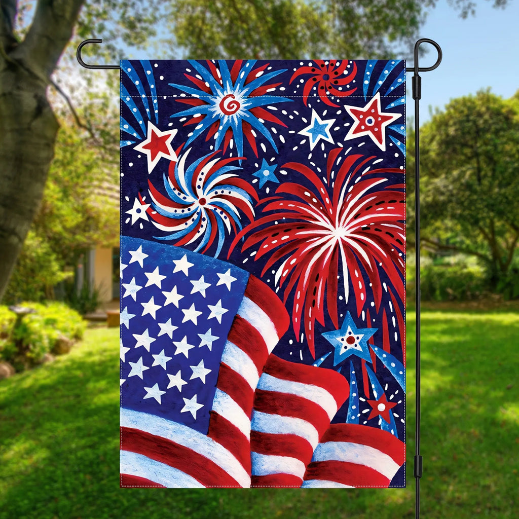 American Flag Fireworks Garden Flag, Patriotic Stars and Stripes Yard Flag for 4th of July Independence Day Decor