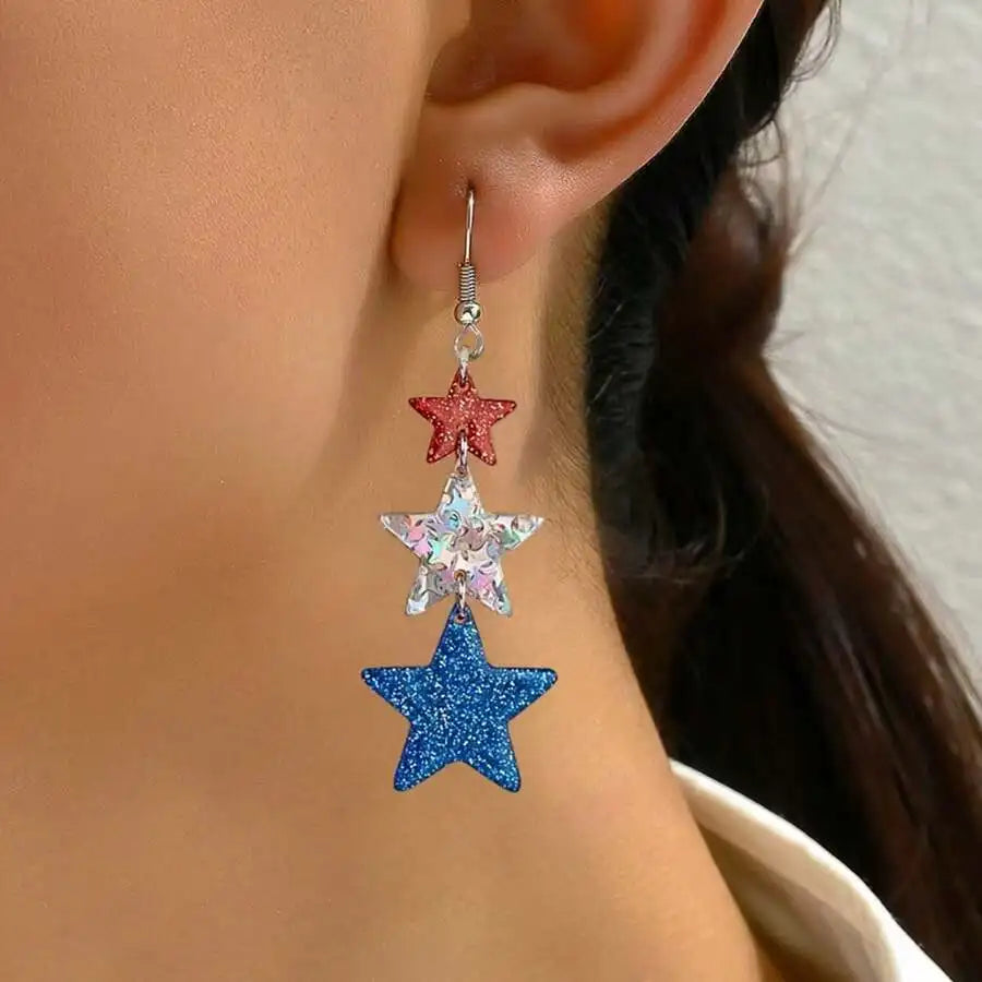Red Glitter Star, Iridescent Prism Star, Blue Sparkle Star Triple-Drop Earrings For Casual Wear And Patriotic Holidays