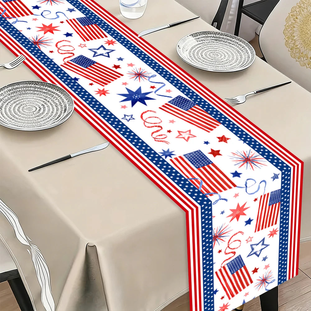 4th of July Patriotic Table Runner, American Flag Star Firework Table Decor for Independence Day Party Kitchen Dining