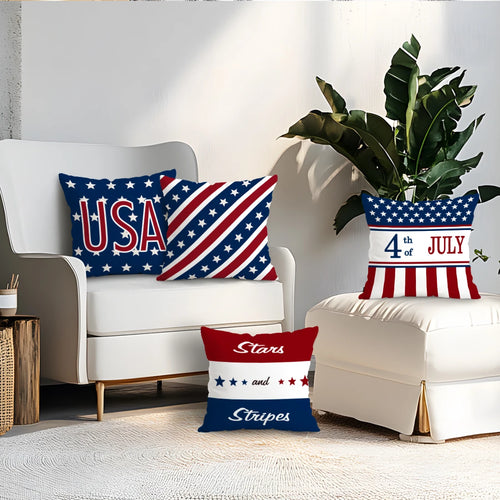 4pcsIndependence Day Patriotic Striped Cushions Pillowcase Polyester Cushion Cover Throw Pillow Pillowcover Home Car Sofa Decor