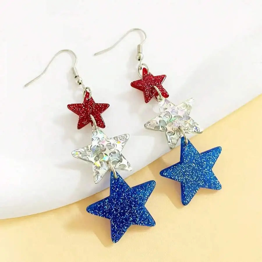 Red Glitter Star, Iridescent Prism Star, Blue Sparkle Star Triple-Drop Earrings For Casual Wear And Patriotic Holidays