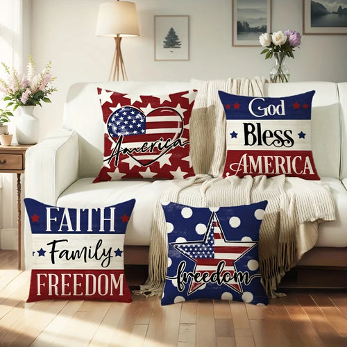 4pcs Patriotic USA Pillow Covers, American Flag Memorial Day Decor, for Indoor Outdoor Home Sofa Decor