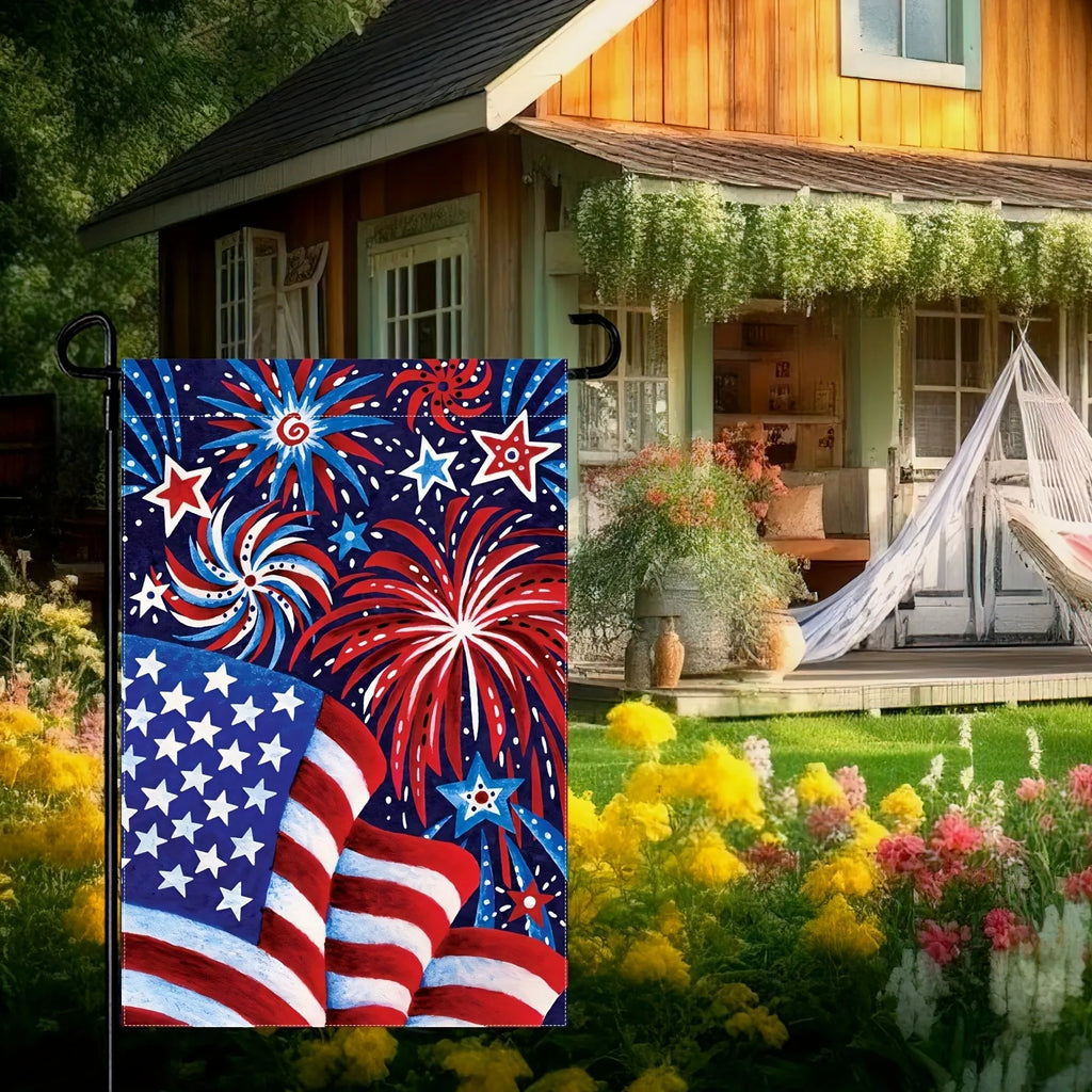 American Flag Fireworks Garden Flag, Patriotic Stars and Stripes Yard Flag for 4th of July Independence Day Decor