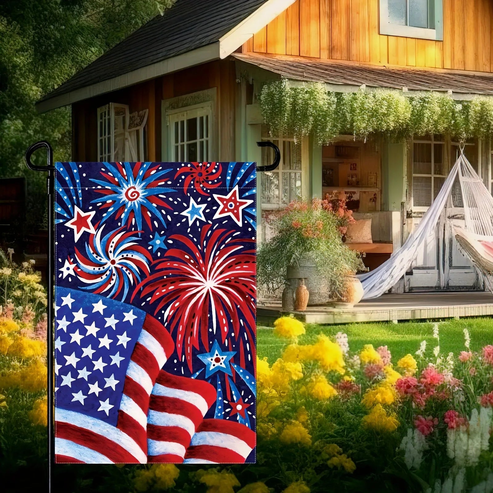 American Flag Fireworks Garden Flag, Patriotic Stars and Stripes Yard Flag for 4th of July Independence Day Decor