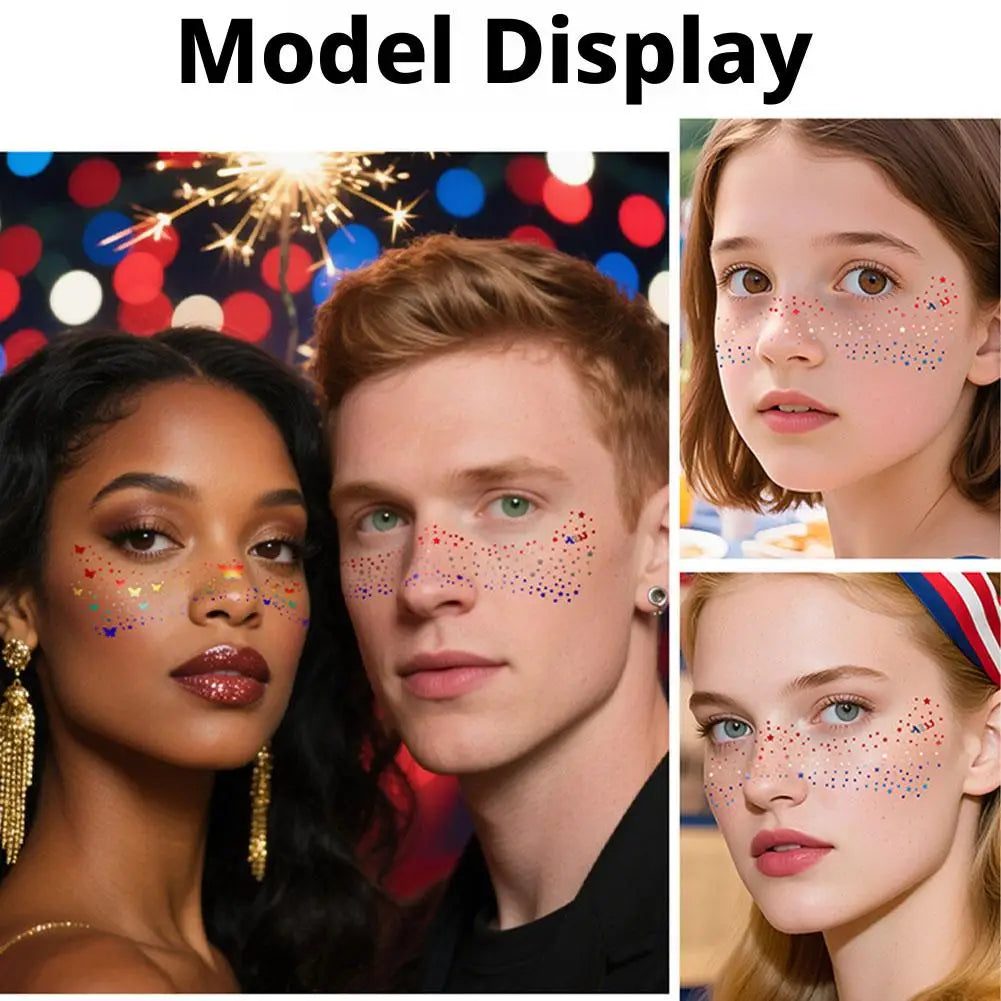 Fourth of July Face Tattoos, 2Pcs Glitter Freckles Face Tattoos Makeup for Independence Day Patriotic Party Supplies Fake Tattoo