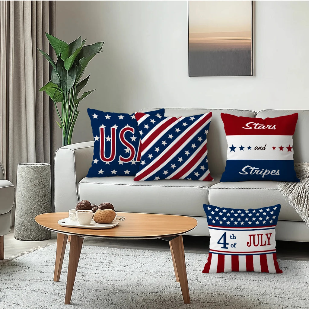 4pcsIndependence Day Patriotic Striped Cushions Pillowcase Polyester Cushion Cover Throw Pillow Pillowcover Home Car Sofa Decor