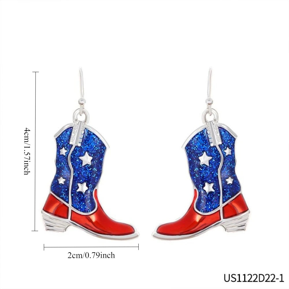 PESENAR  American Flag Cowboy Boot Earrings, Red Blue Glitter Enamel Drop Earrings, Patriotic Independence Day Jewelry