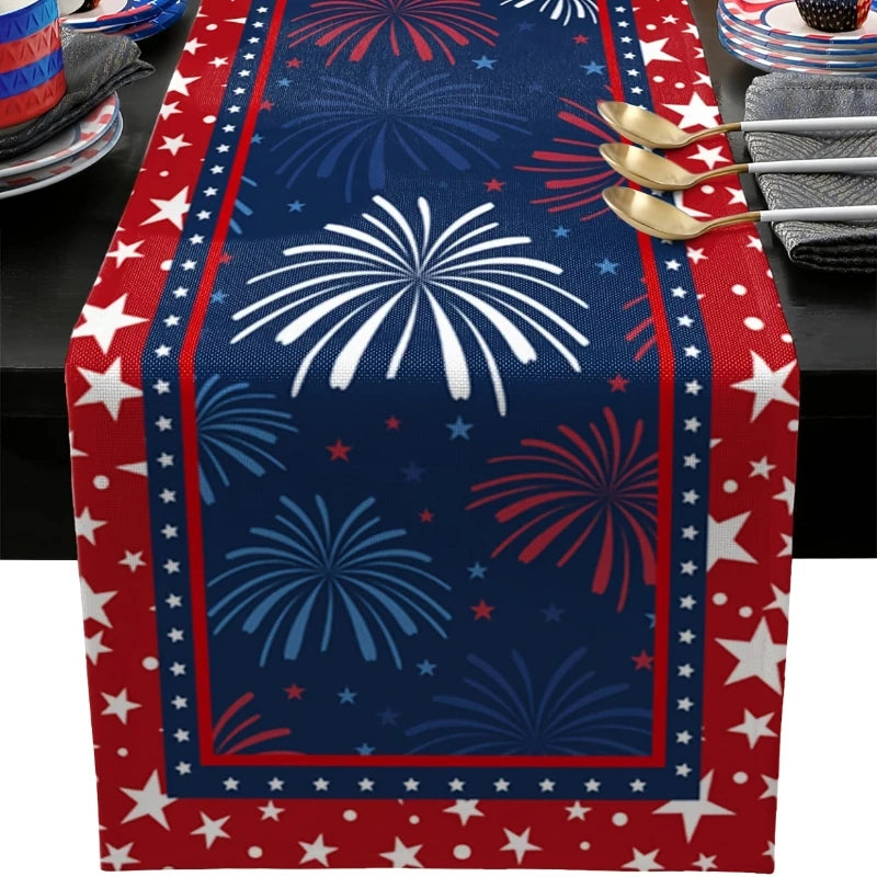 VIKAMA Patriotic Star & Firework Table Runner 4th of July Independence Day Kitchen Dining Home Party Decor