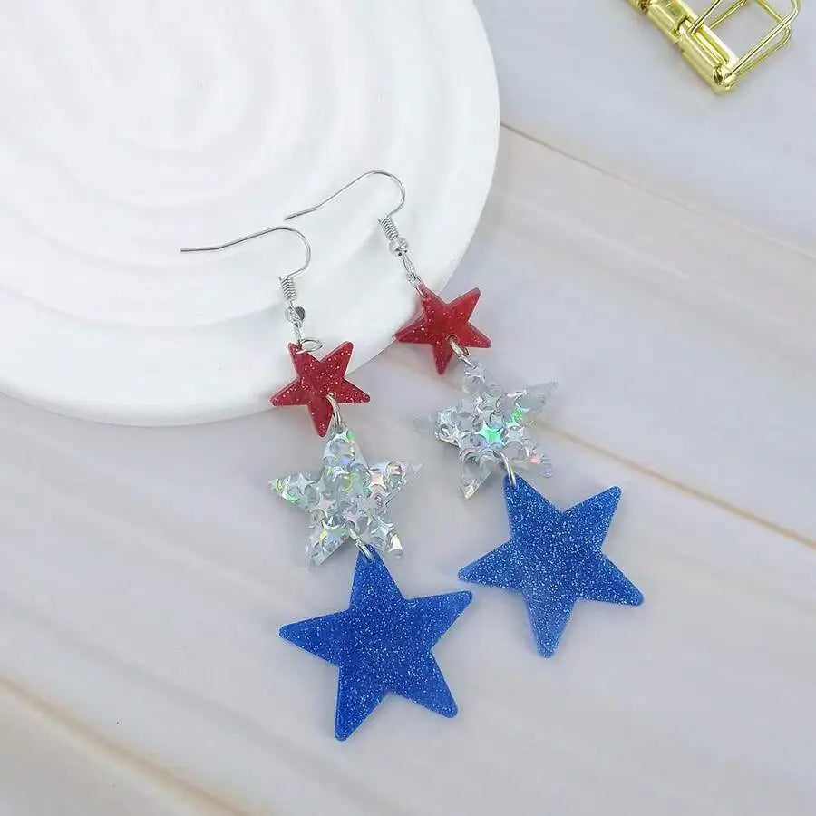 Red Glitter Star, Iridescent Prism Star, Blue Sparkle Star Triple-Drop Earrings For Casual Wear And Patriotic Holidays