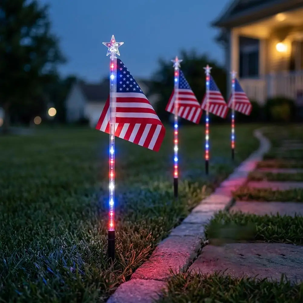 6/8 Connected in 1 Solar American Flag Pathway Stake Lights LED Outdoor Yard Garden Decorations