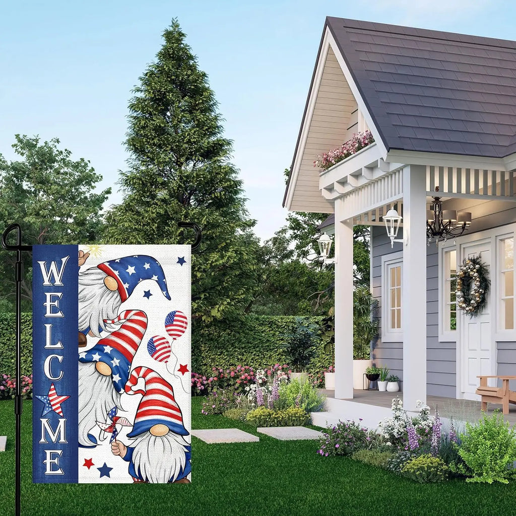 Welcome Patriotic Gnome 4th of July Garden Flag 12x18 Inch Double Sided Memorial Day Independence Day Burlap Garden Flags Po YYQ