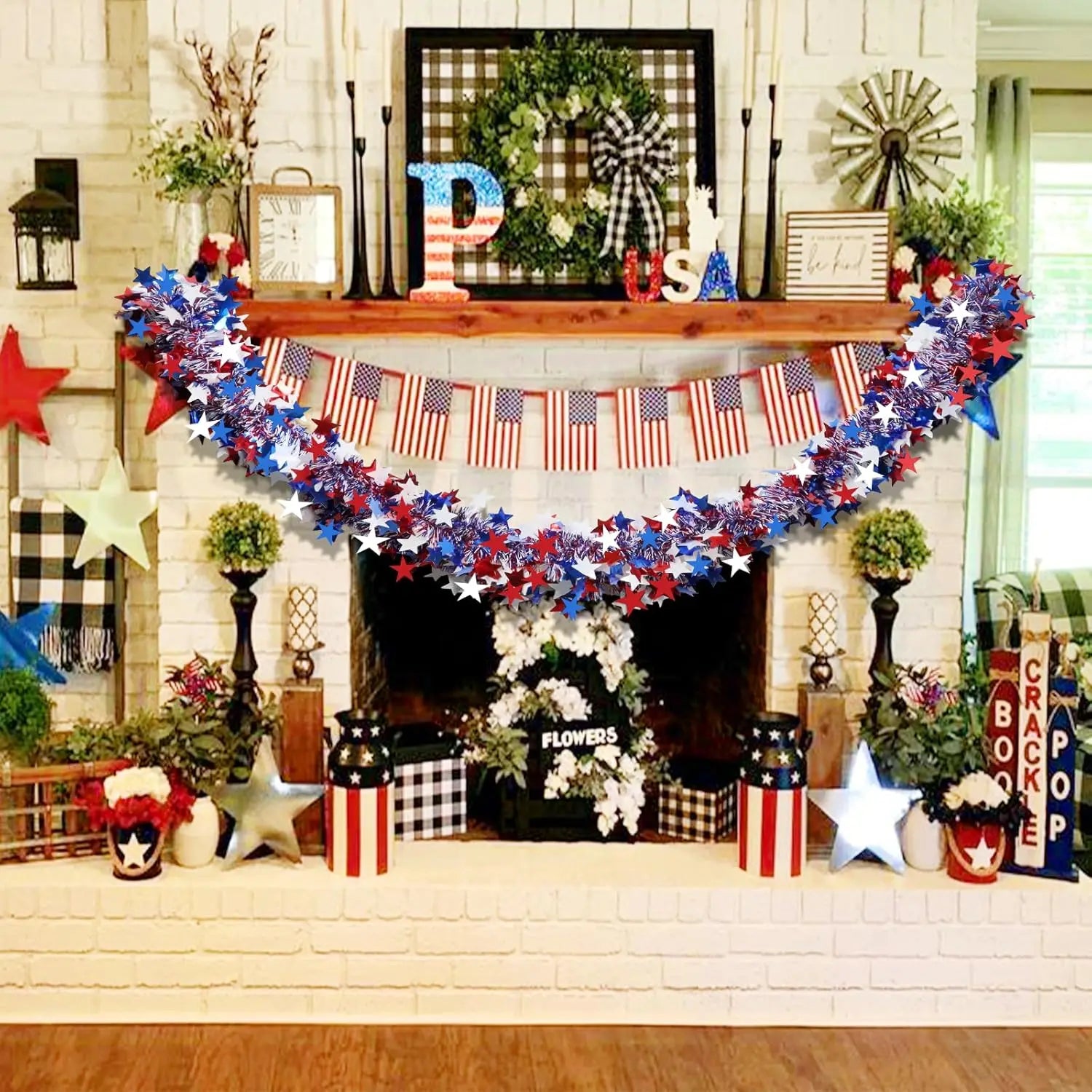 4th of July Garland Decorations Glitter Tinsel Patriotic Decor for Tree Car Golf Cart Parade Float Bike Party Table Yard Boat