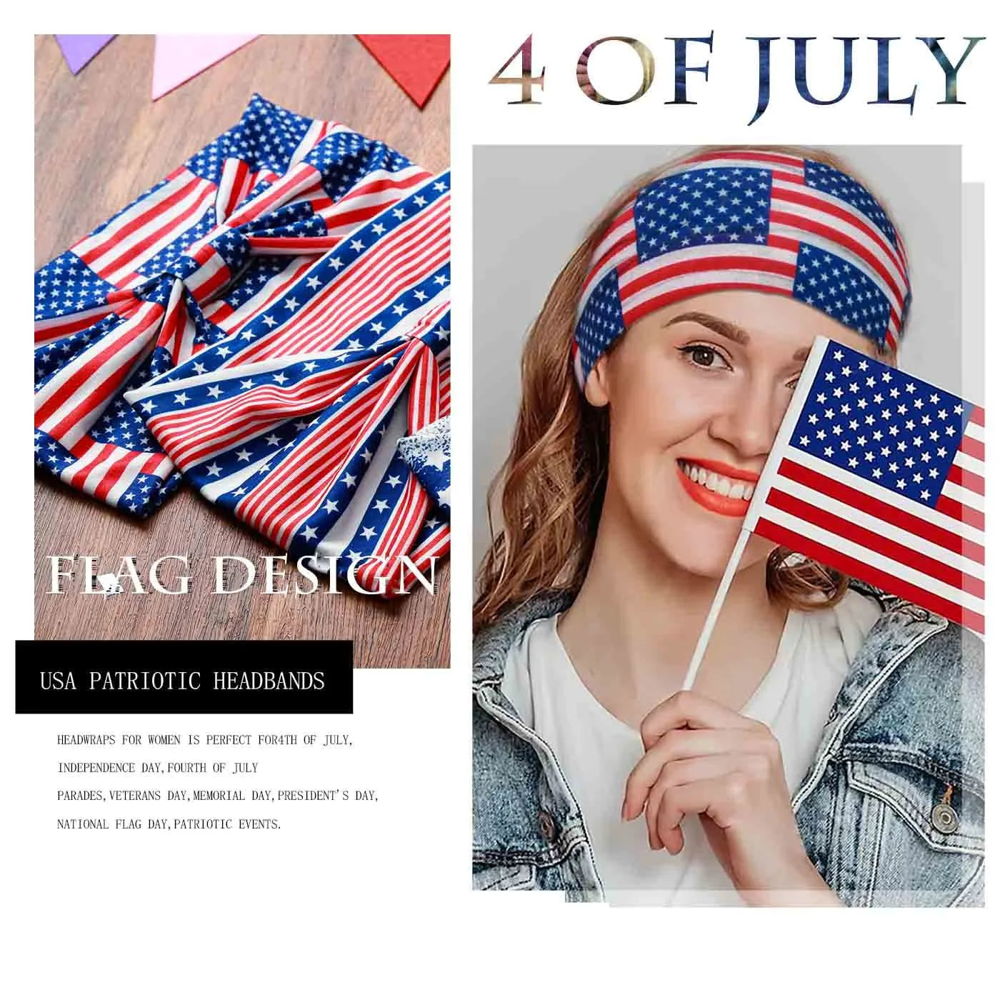 American Flag Headbands Women 4th of July Head Band Wide Turban Headwrap Red White and Blue Hairbands USA Patriotic Accessories