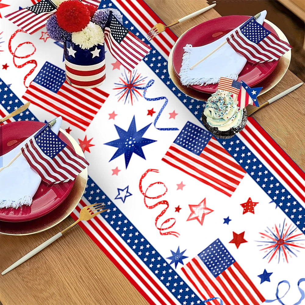 4th of July Patriotic Table Runner, American Flag Star Firework Table Decor for Independence Day Party Kitchen Dining