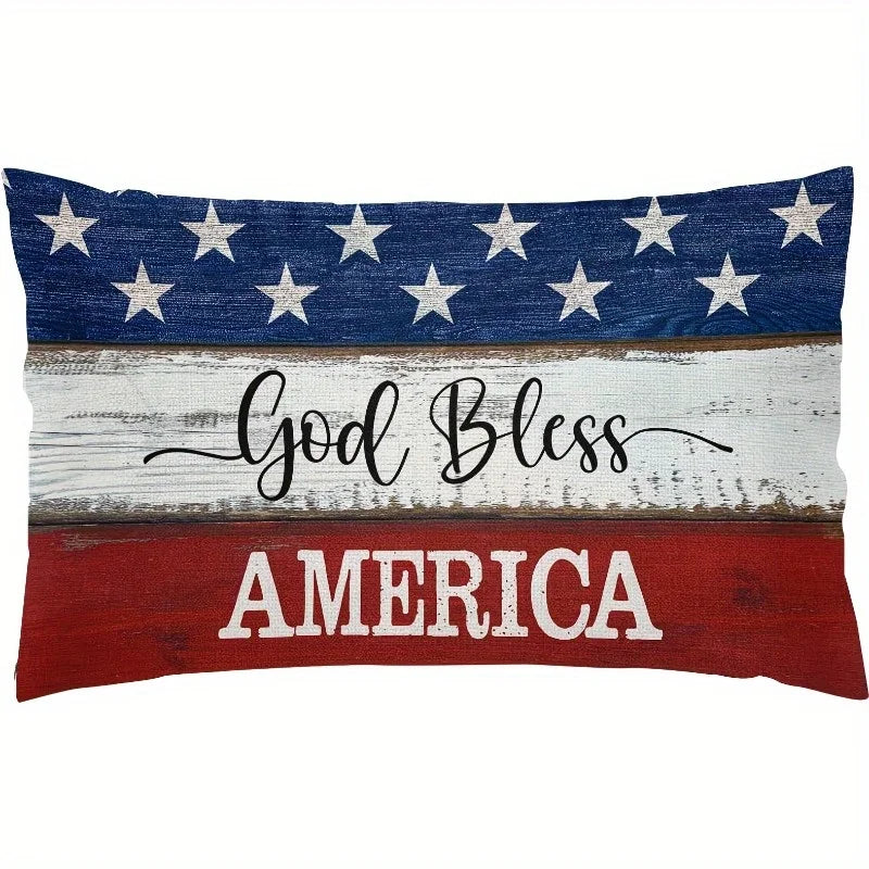 1pc God Bless America US Flag Wood Grain Printed Lumbar Pillow Cover, Suitable for Sofa, Bedroom, Living Room, Patriotic Decor