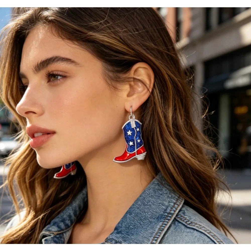PESENAR  American Flag Cowboy Boot Earrings, Red Blue Glitter Enamel Drop Earrings, Patriotic Independence Day Jewelry