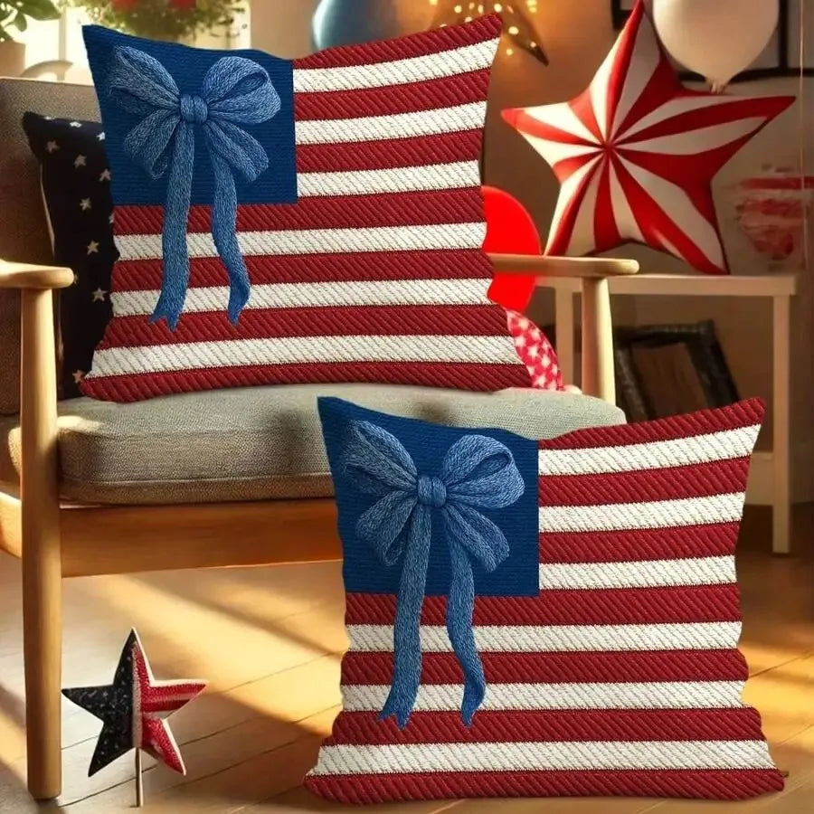 2D Flat 2pcs 4th of July Patriotic Pillow Covers, Flag Stripes Blue Bows, Zipper Washable for Sofa Bedroom Home Decor