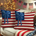 2D Flat 2pcs 4th of July Patriotic Pillow Covers, Flag Stripes Blue Bows, Zipper Washable for Sofa Bedroom Home Decor