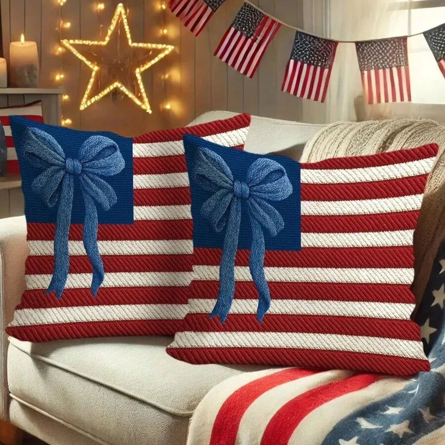 2D Flat 2pcs 4th of July Patriotic Pillow Covers, Flag Stripes Blue Bows, Zipper Washable for Sofa Bedroom Home Decor