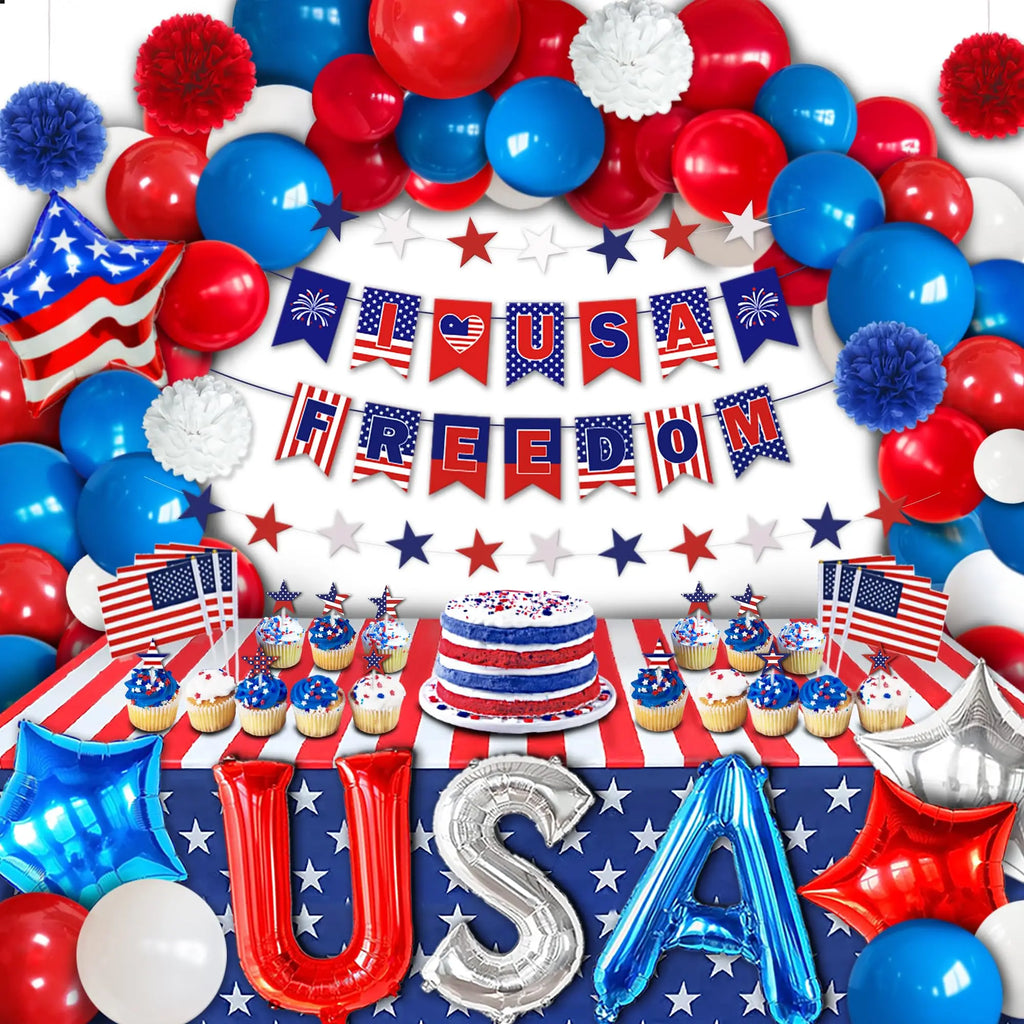 USA Theme Party Decorations American Flag Tattoo Sticker,flag Plates,banner,cups 4th Of July Independence Day Patriotic Supplies