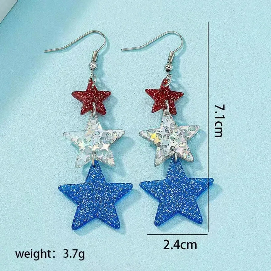Red Glitter Star, Iridescent Prism Star, Blue Sparkle Star Triple-Drop Earrings For Casual Wear And Patriotic Holidays