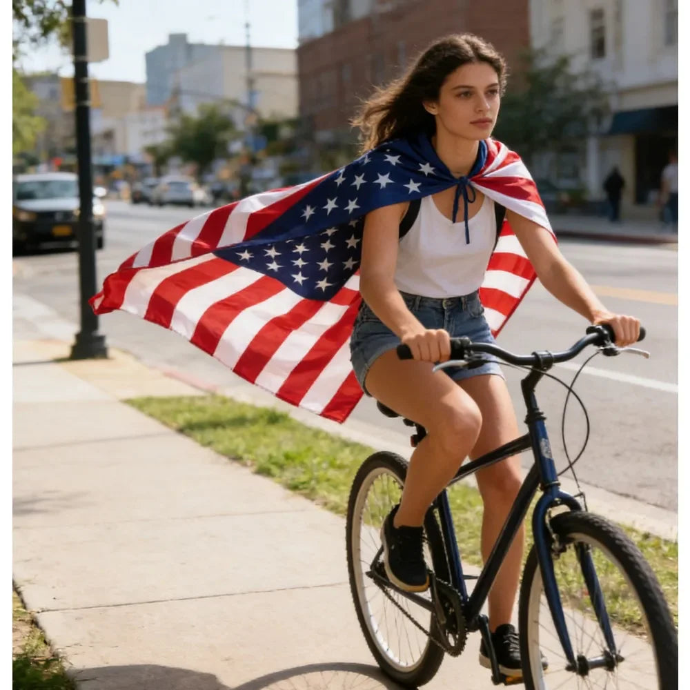 The American flag cape is suitable for both children and adults featuring patriotic clothing accessories on July 4th