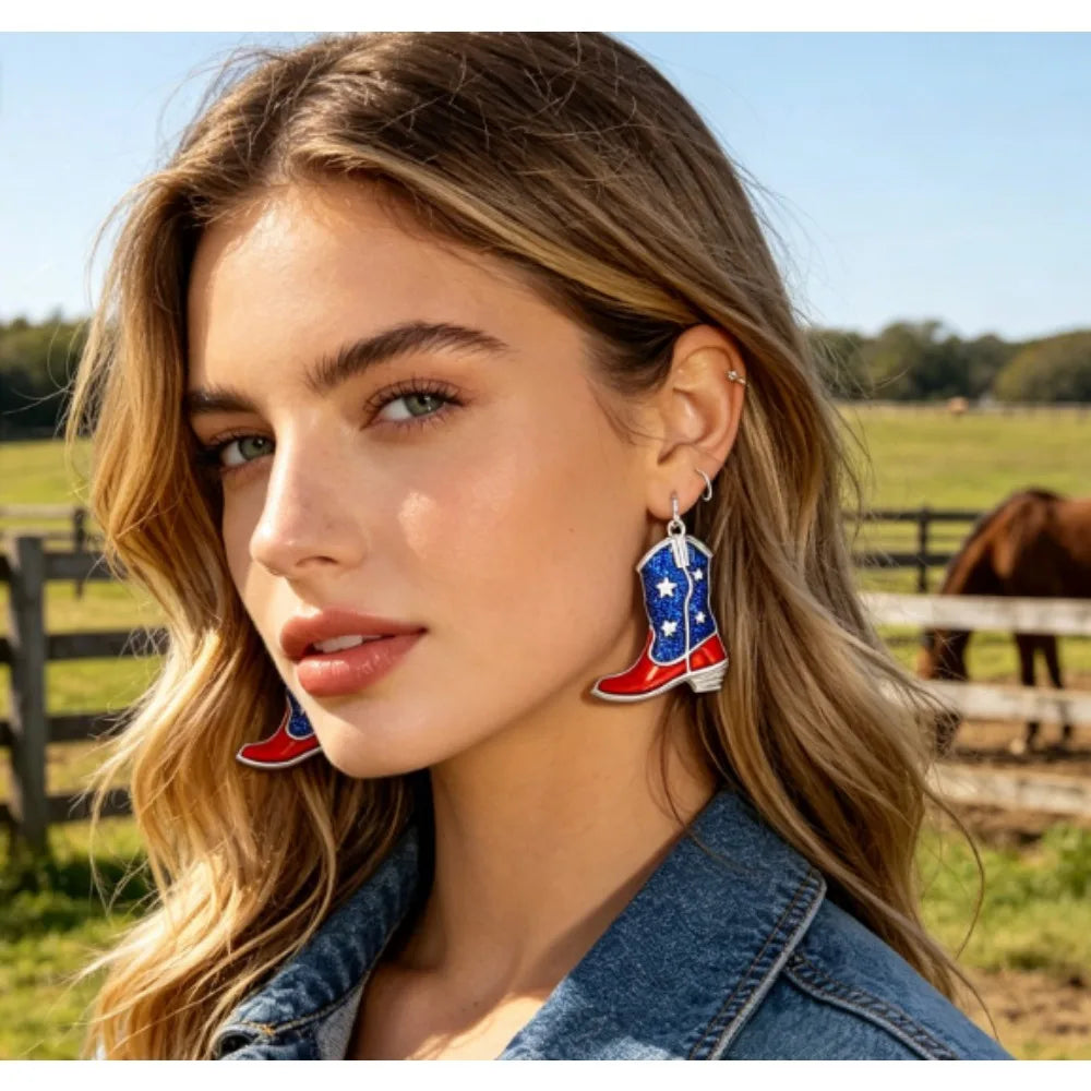 PESENAR  American Flag Cowboy Boot Earrings, Red Blue Glitter Enamel Drop Earrings, Patriotic Independence Day Jewelry