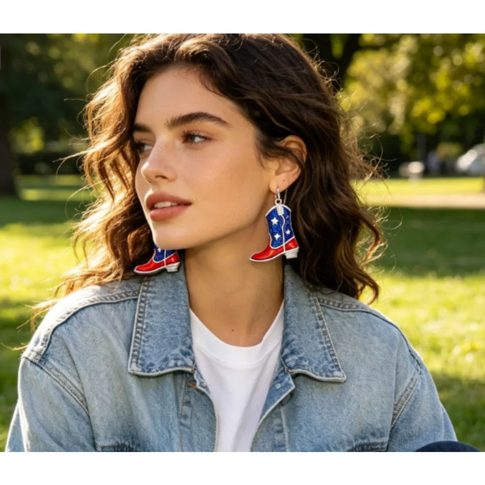PESENAR  American Flag Cowboy Boot Earrings, Red Blue Glitter Enamel Drop Earrings, Patriotic Independence Day Jewelry