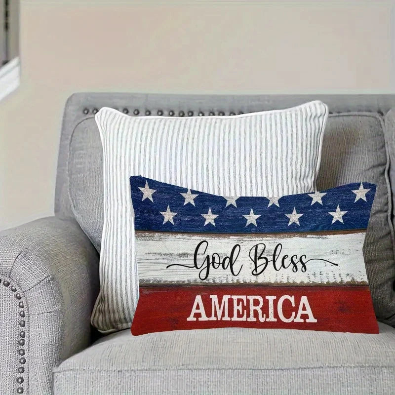 1pc God Bless America US Flag Wood Grain Printed Lumbar Pillow Cover, Suitable for Sofa, Bedroom, Living Room, Patriotic Decor
