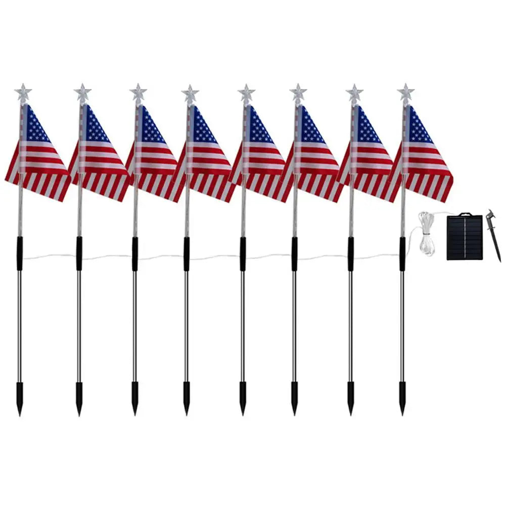 6/8 Connected in 1 Solar American Flag Pathway Stake Lights LED Outdoor Yard Garden Decorations