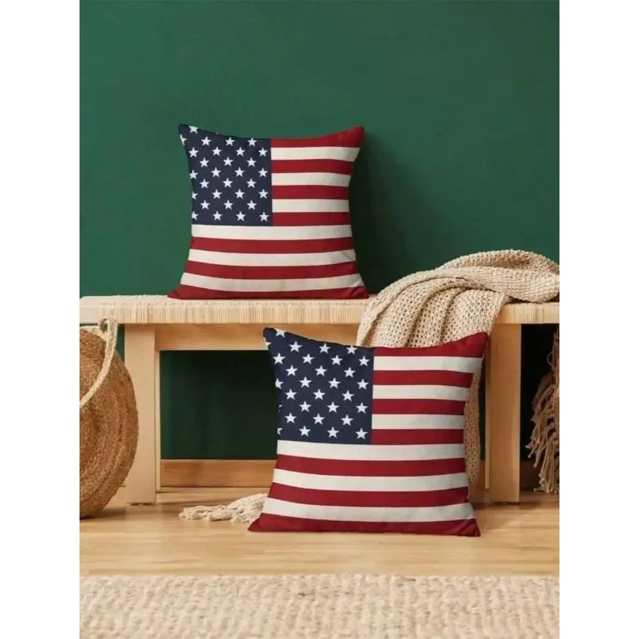 2D Flat 2pcs 4th of July Patriotic Pillow Covers, Flag Stripes Blue Bows, Zipper Washable for Sofa Bedroom Home Decor