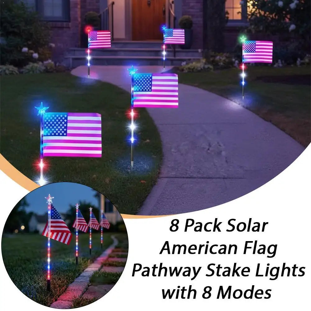 6/8 Connected in 1 Solar American Flag Pathway Stake Lights LED Outdoor Yard Garden Decorations