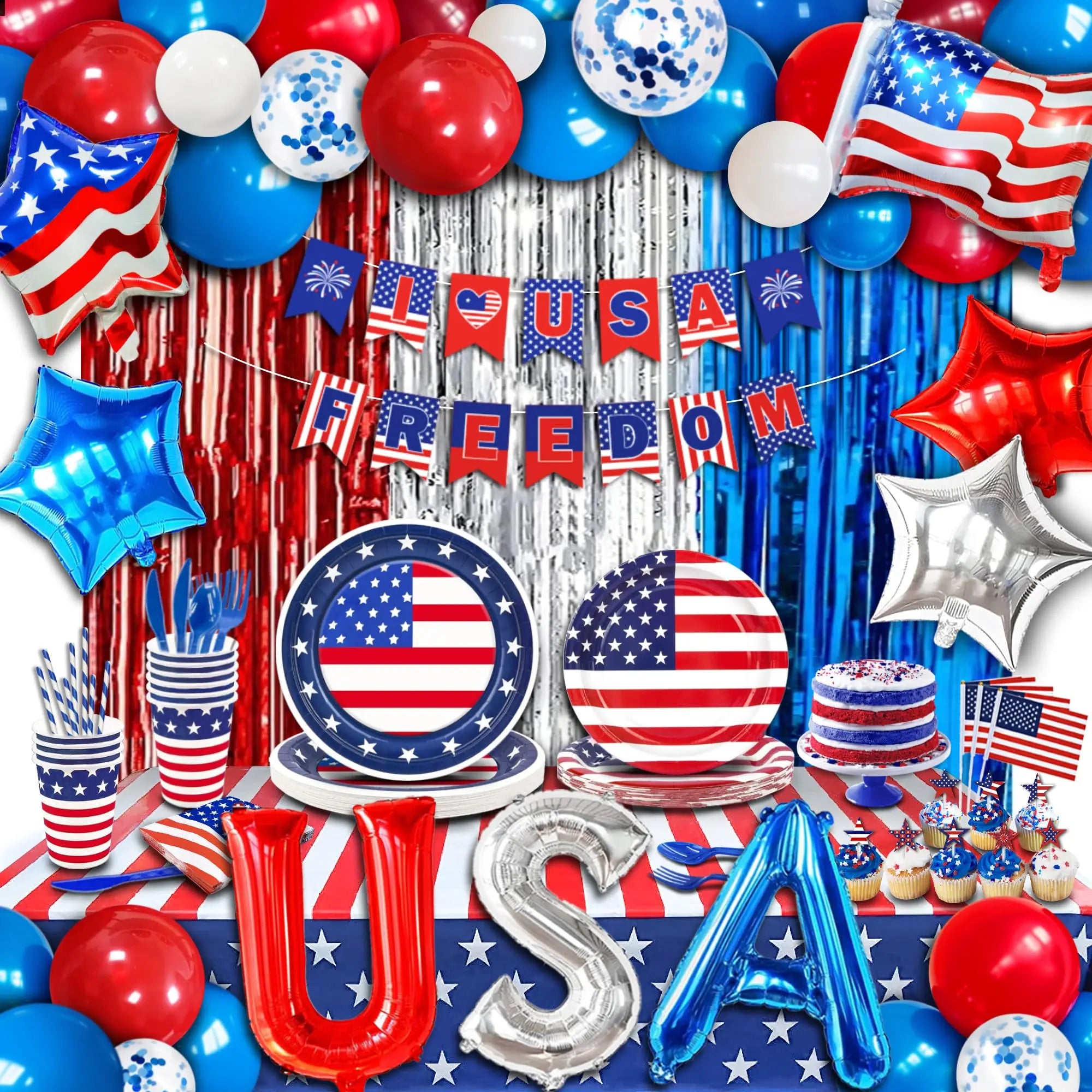 USA Theme Party Decorations American Flag Tattoo Sticker,flag Plates,banner,cups 4th Of July Independence Day Patriotic Supplies