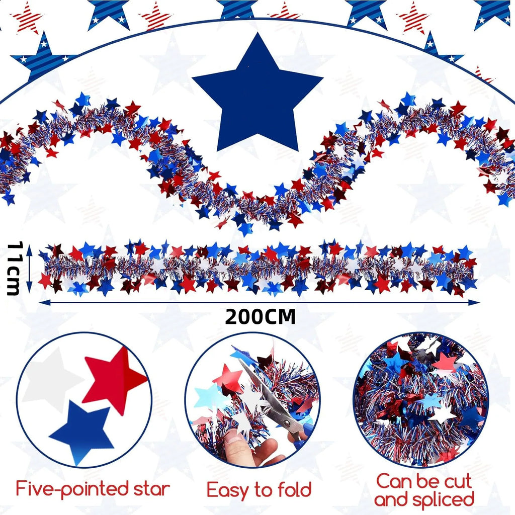4th of July Garland Decorations Glitter Tinsel Patriotic Decor for Tree Car Golf Cart Parade Float Bike Party Table Yard Boat