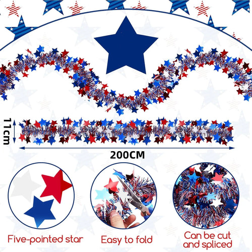4th of July Garland Decorations Glitter Tinsel Patriotic Decor for Tree Car Golf Cart Parade Float Bike Party Table Yard Boat