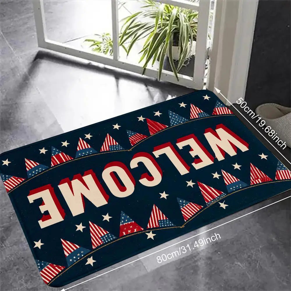 1pc Modern Welcome Floor Mat – Patriotic American Flag Floor mat with Red White Blue Stars – Machine Washable Indoor Rug